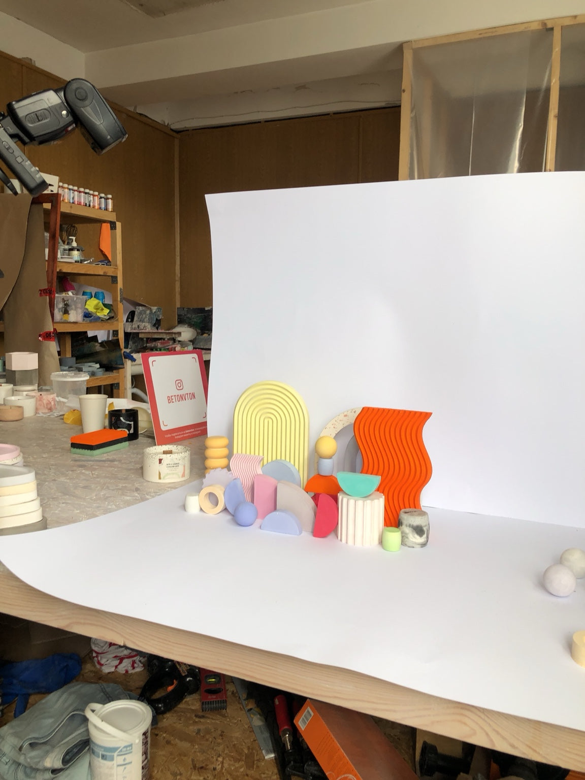 A Betonvton product photography setup with colourful architectural mineral forms in the Kyiv workshop