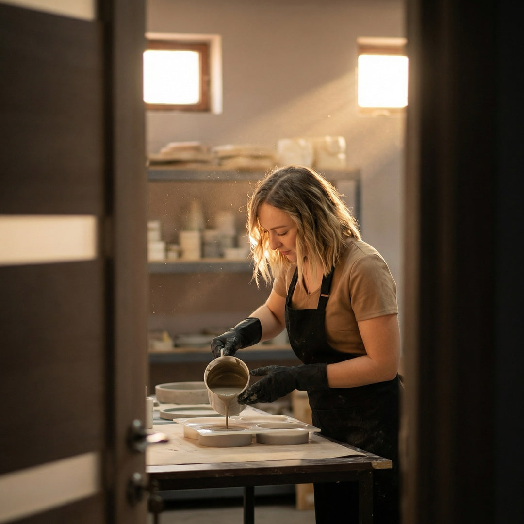 Mineral casting mixture being poured into prepared moulds in the Betonvton studio