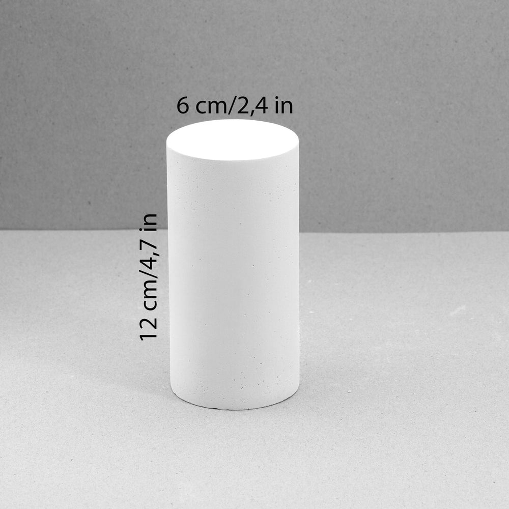 Beige display cylinder approx. 12 cm high and 6 cm in diameter with speckled matte texture