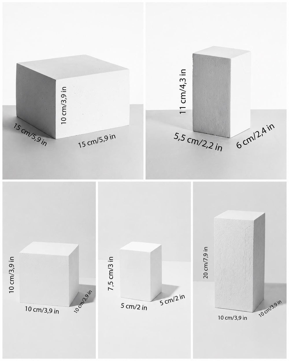 Set of five white display blocks with labeled dimensions from 7.5 to 20 cm